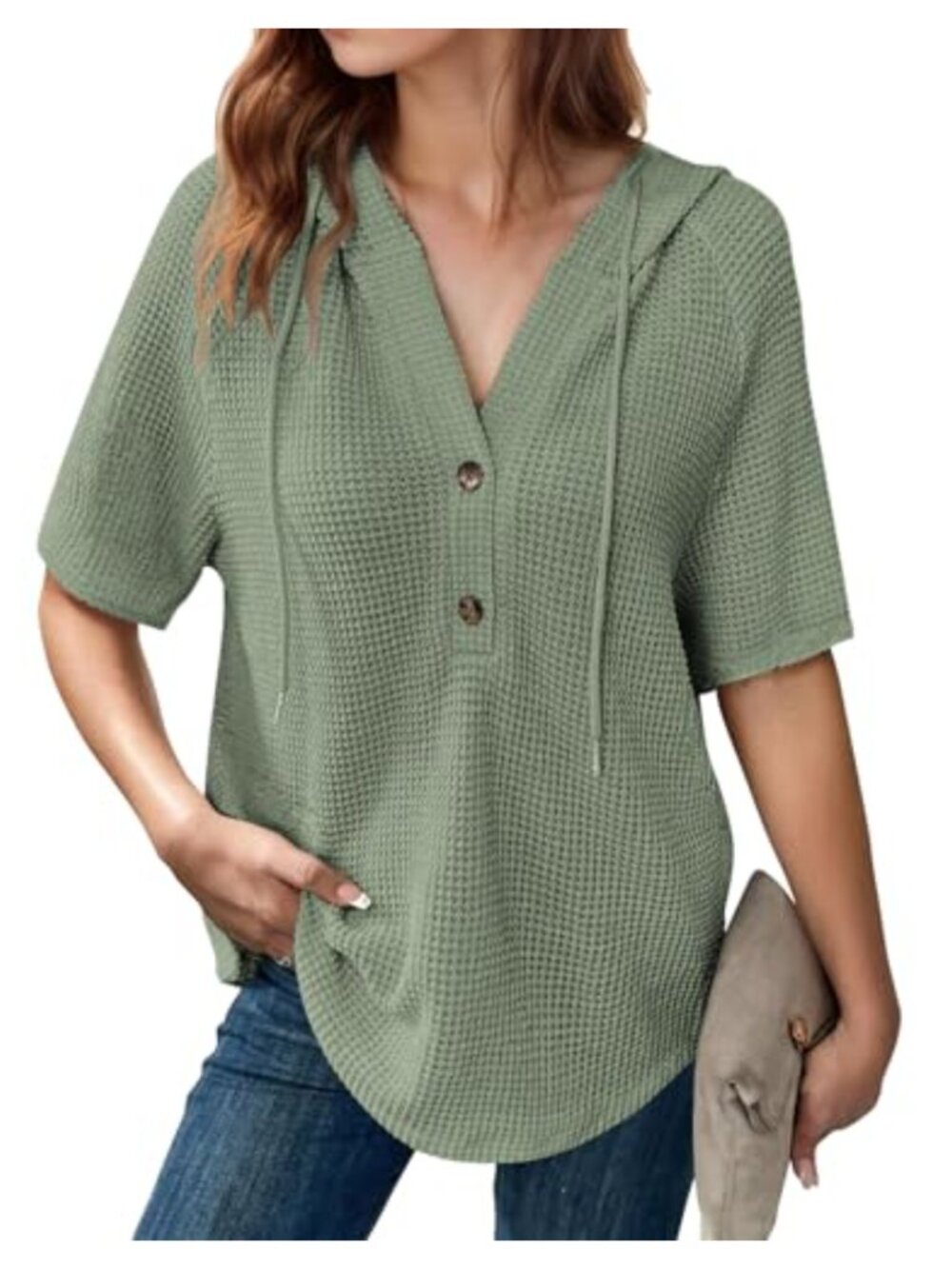 Waffle Knit Short Sleeve V Neck Button Hoodie Oversized High Low Hem